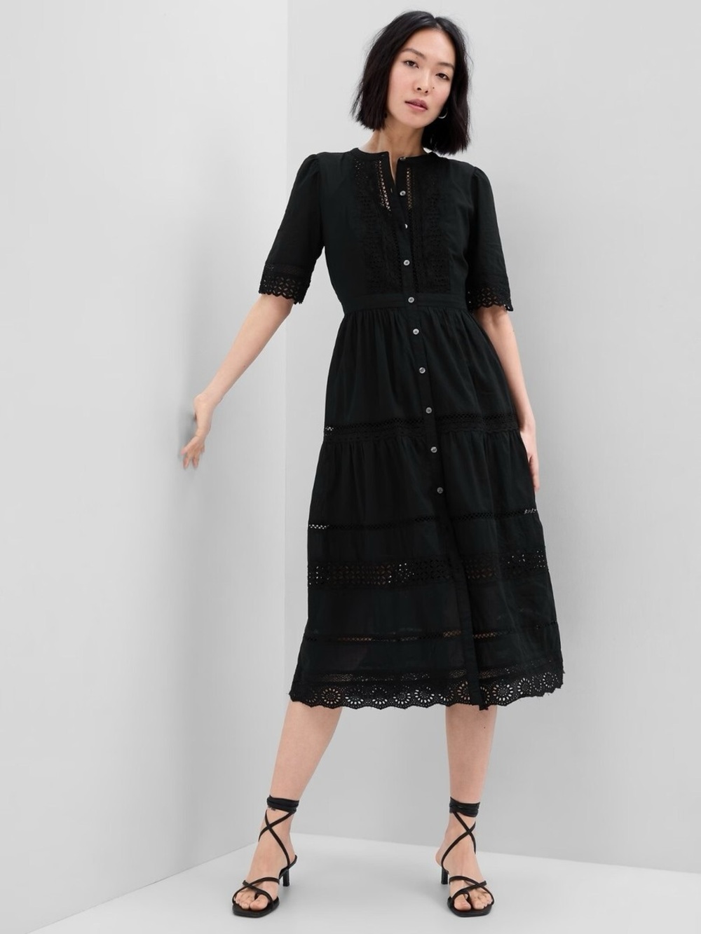 Gap Black Eyelet Lace Button-Front Midi Dress NWOT size SP
